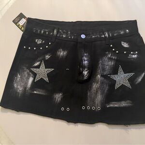 Unique Black Jean Mini Skirt with Silver Rhinestone Star embellishments NWT 2XL
